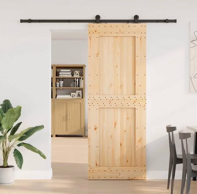 Porta scorrevole NARVIK vidaXL in legno di pino e metallo, Colore Naturale e Nero, L: 85 cm, H: 210 cm