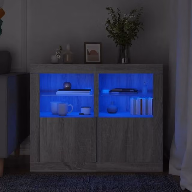 Set di 2 armadietti moderni vidaXL con luci LED integrate, finitura grigio opaco, in legno e vetro, da appendere a parete