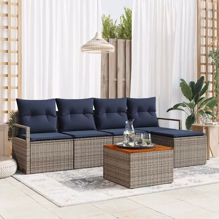 Set Divano da Giardino vidaXL 6 pz L-Shape Grigio con Cuscini e Tavolino da Caffè in Polyrattan e Acciaio