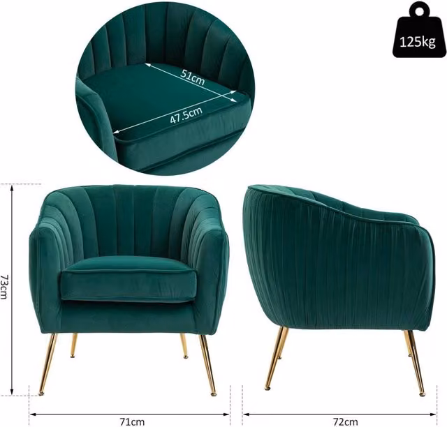Poltona Imbottita in Velluto 71x72x73 cm Gambe in Metallo Verde