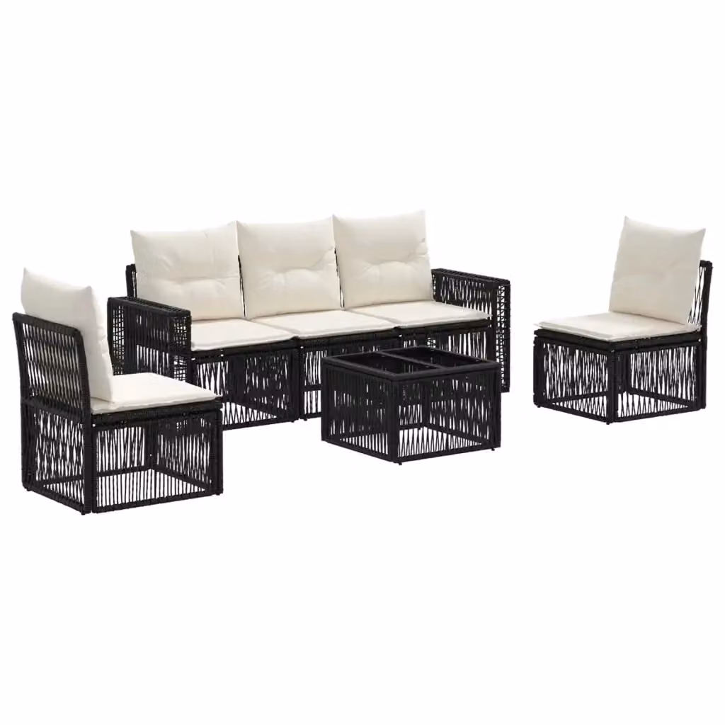 Set da giardino moderno vidaXL composto da 6 pezzi con divano a 3 posti, poltrone, tavolino da caffè e cuscini in tessuto, colore nero e bianco crema – 2