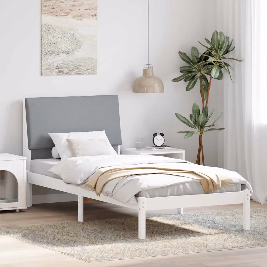 Struttura del letto moderna vidaXL in legno di pino e tessuto, bianco e grigio, 100 x 200 cm – 1