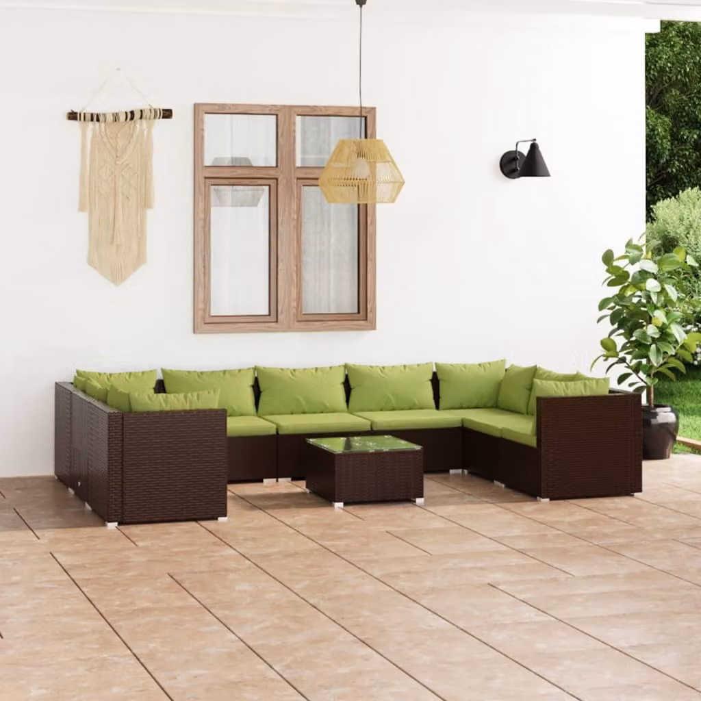 Set Divani da Giardino 10 pz con Cuscini in Polyrattan Marrone