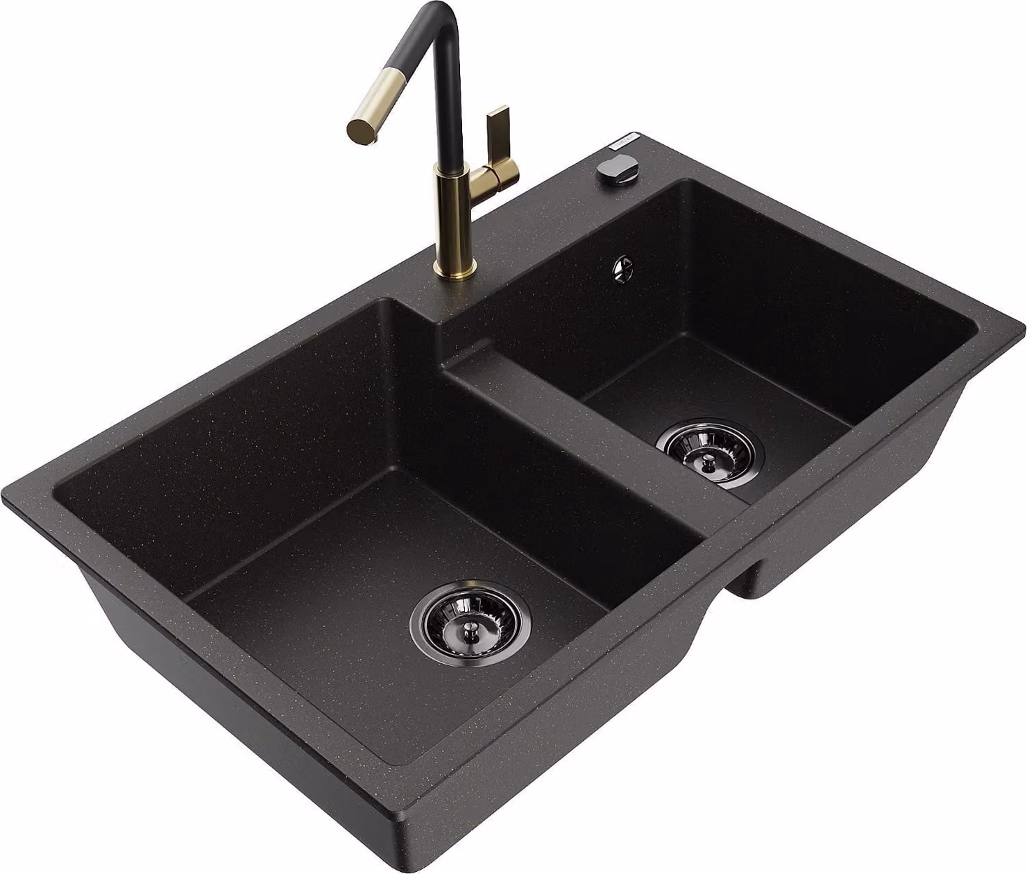 Mexen Tomas lavello in granito a 2 vasche con rubinetto da cucina Flora, nero/oro metallizzato - 6516-75-670401-57-B