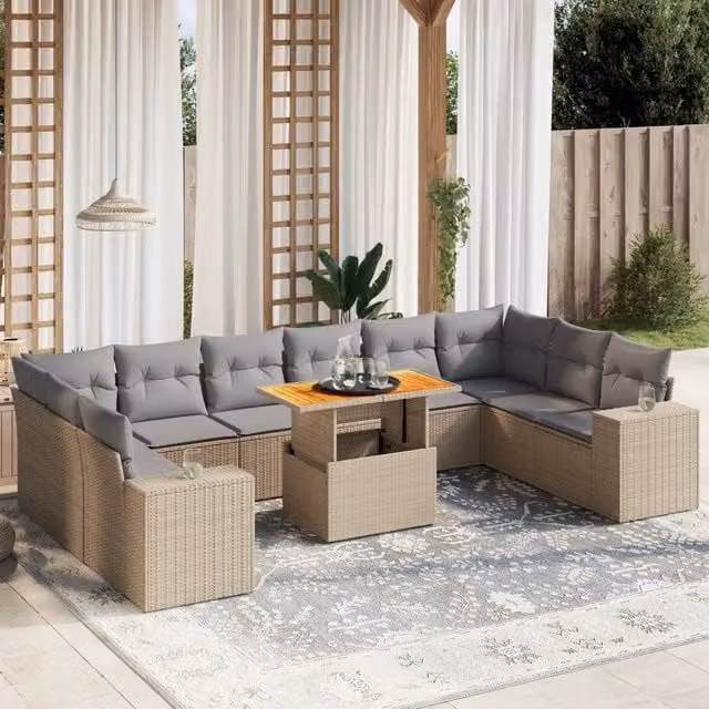 Set di divani da giardino VIDAXL in polyrattan con cuscini beige, composizione a L da 11 pezzi