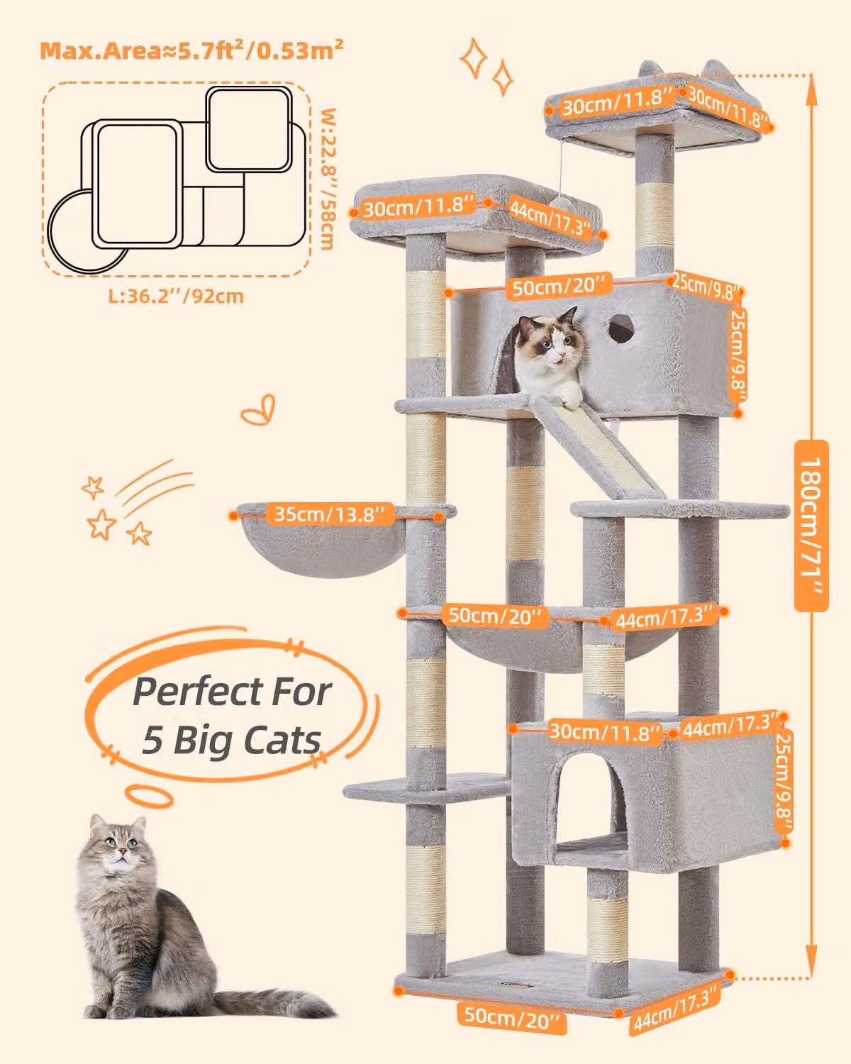 Albero per gatti di grandi dimensioni, 180 cm di altezza, 8 pali per graffiare, 2 piattaforme, 2 rifugi, amaca, cesta per gatti