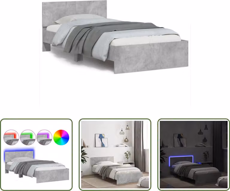 The Living Store Struttura letto con testiera e luci LED grigio cemento 100x200 cm
