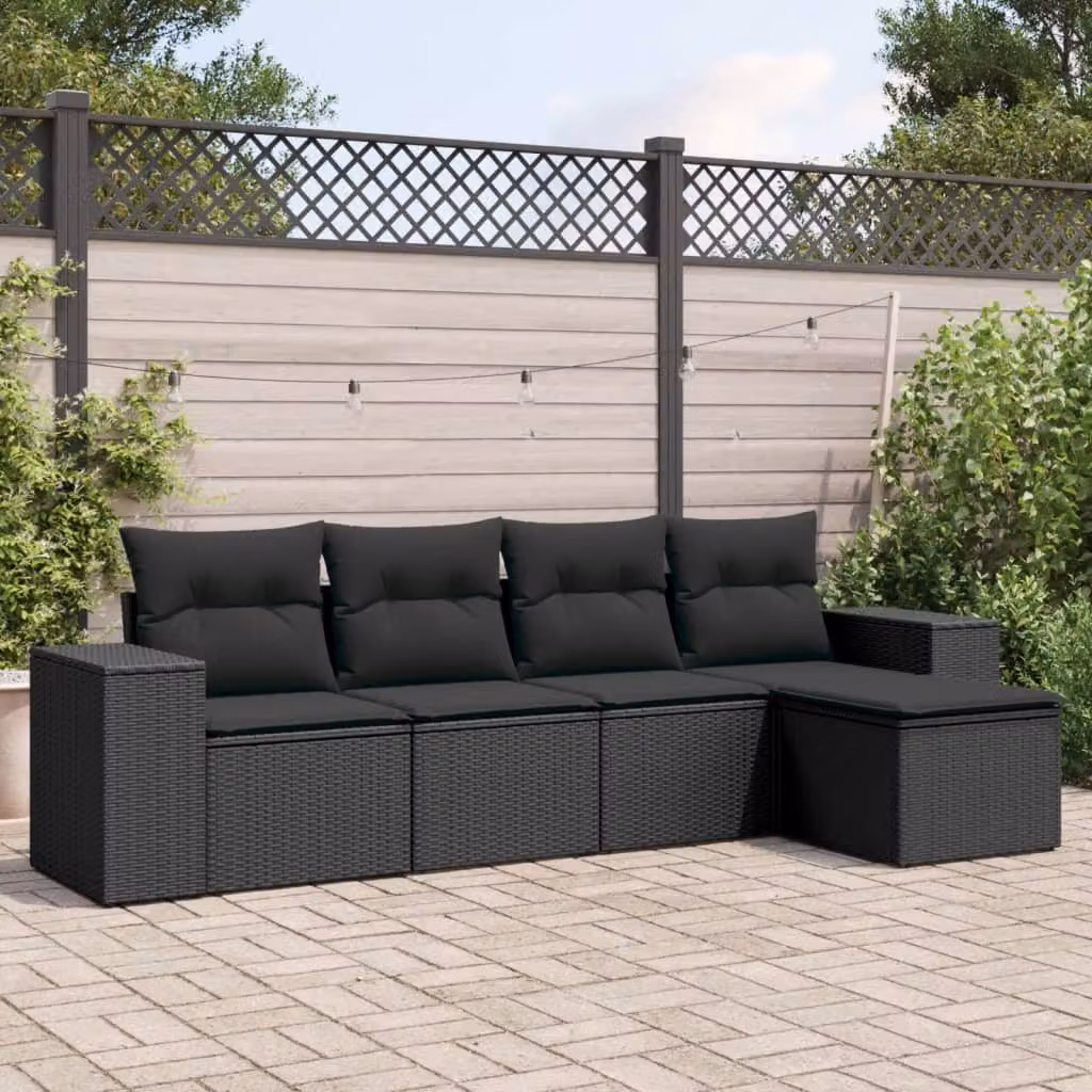 vidaXL Set Divani da Giardino a L 5 pz con Cuscini e Ottoman, Polyrattan e Acciaio Nero – 1