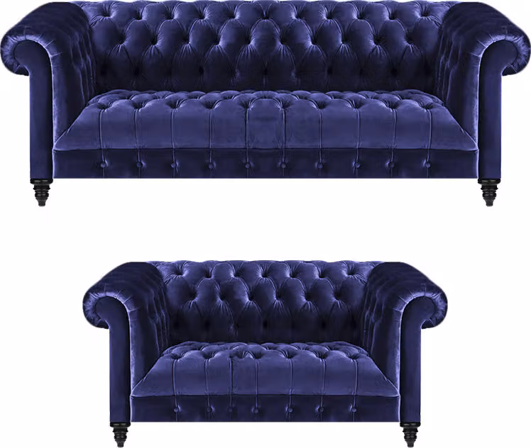 Chesterfield Design Luxus Polster Blau 2x Sofas Couch Sitz Garnitur Wohnzimmer