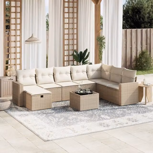 Set Divano da Giardino 9 pz con Cuscini Beige in Polyrattan 3263594