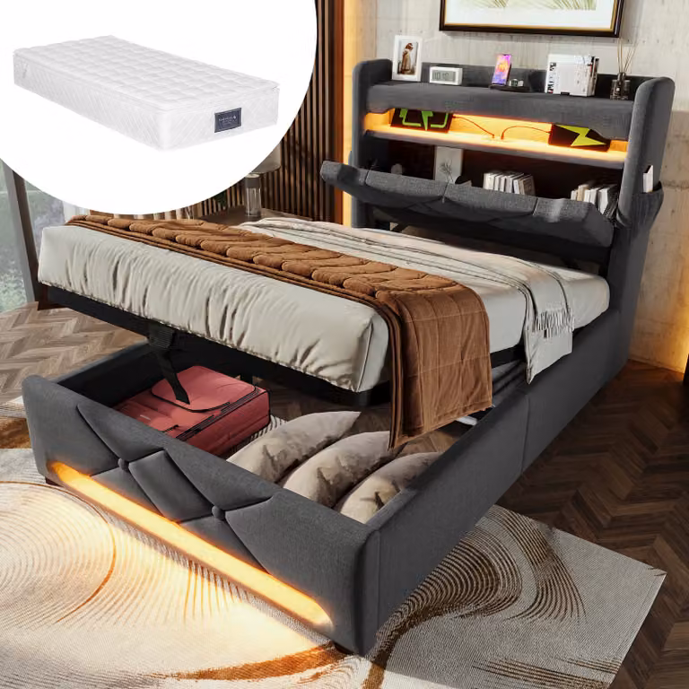 okwish Letto imbottito 90×200 con materassi, letto Junior con LED e contenitore idraulico, struttura con griglia a doghe, testata con USB e Type C, grigio