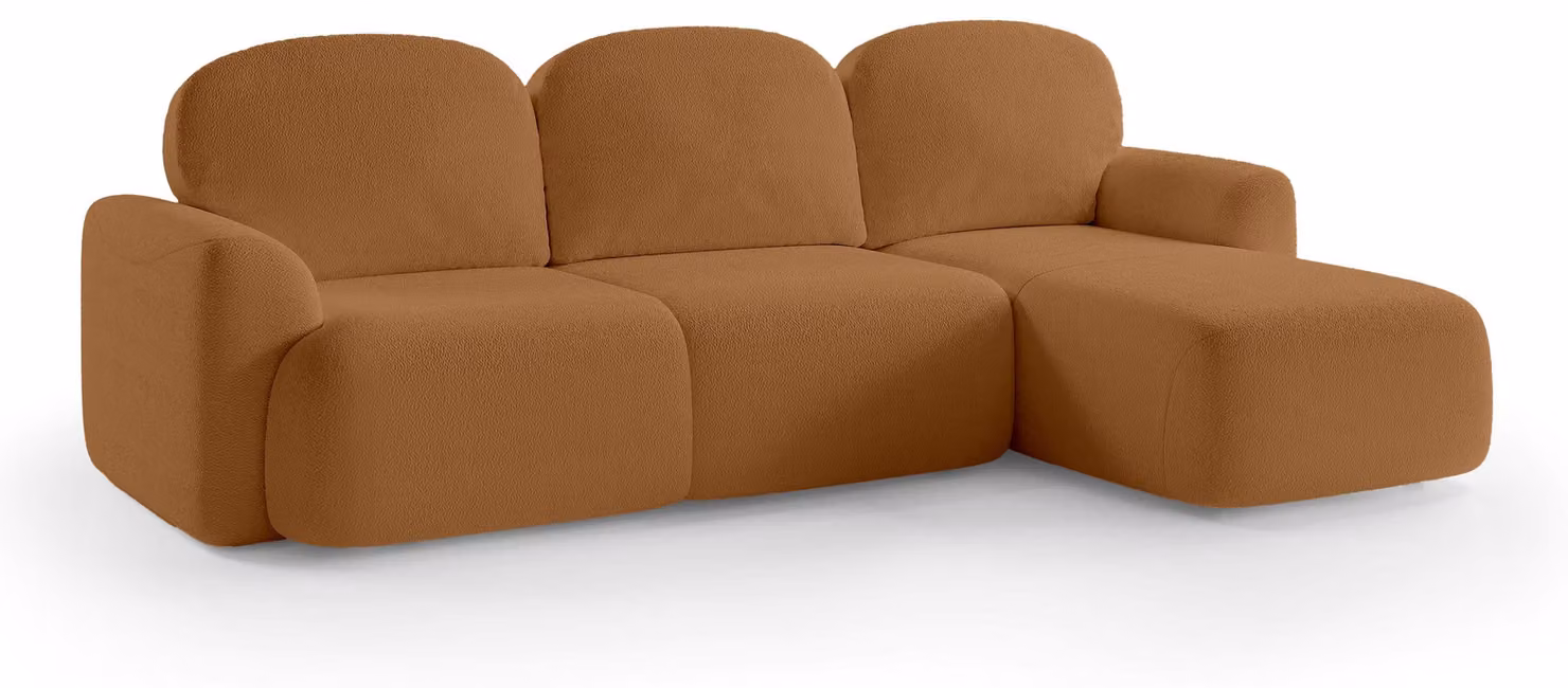 Divano a tre posti con funzione letto, modello Bulu, lato destro. Decorazioni con noci tostate