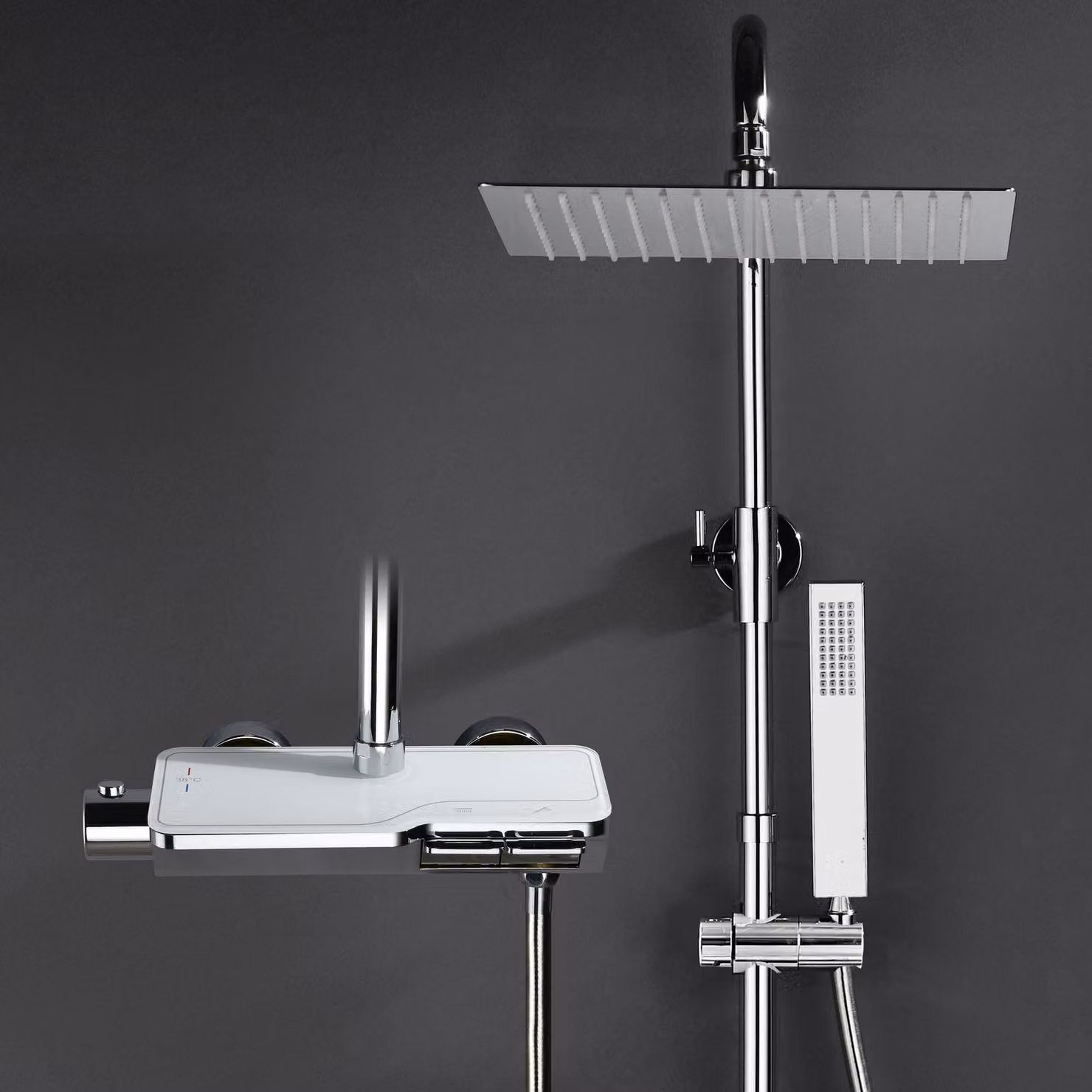 JOHO Colonna Doccia in Acciaio INOX 304 con Termostatico Rubinetto Miscelatore, Set Doccia a Pioggia con Doccetta, Soffione Doccia Cromo 20×20cm