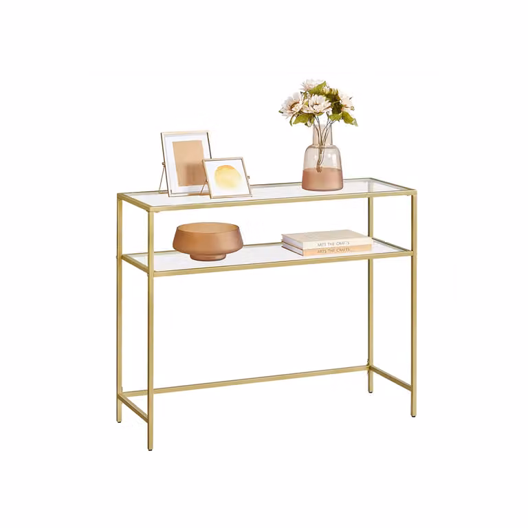 Tavolo Consolle in Vetro, Dorato + Trasparente / 35 x 100 x 80 cm