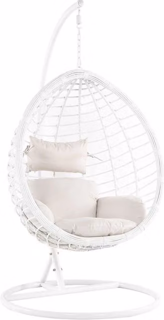 Sedia sospesa a uovo BELIANI in rattan sintetico bianco con supporto in metallo e cuscini inclusi per giardino e relax in stile Boho, L/P/H: 108 x 108 x 200 cm