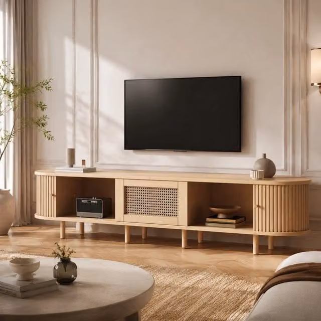 Mobile TV ULEVR 180x40x40 cm con 2 ante scorrevoli e cassetto, MDF effetto legno naturale