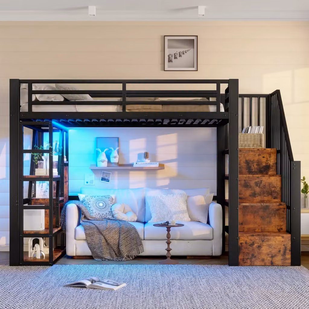 Letto a soppalco singolo REDOM in metallo e MDF nero con scala, scomparti laterali e illuminazione LED L/P/H: 90 x 200 cm – 2