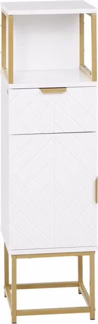 Colonna bagno salvaspazio kleankin con armadietto, cassetto e ripiano aperto in legno e metallo, Bianco e Oro, L/P/H: 30 x 30 x 105 cm