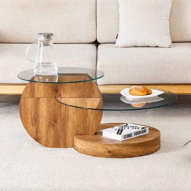 Tavolino da caffè rotondo WISHDOR in vetro trasparente e MDF con design minimalista multilivello