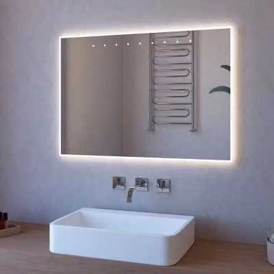 Specchiera rettangolare con illuminazione LED perimetrale e dettagli sabbiati, L: 100 cm, H: 70 cm – 1