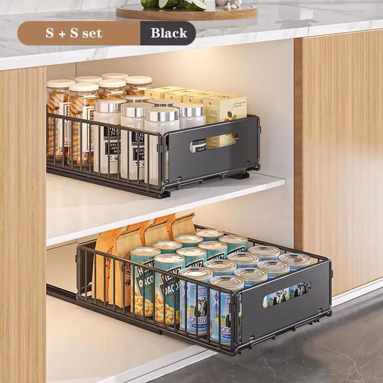 Contenitori da cucina - Scaffale estraibile per spezie - Set da 2 piccoli - Metallo - Organizer per armadi - Grigio chiaro