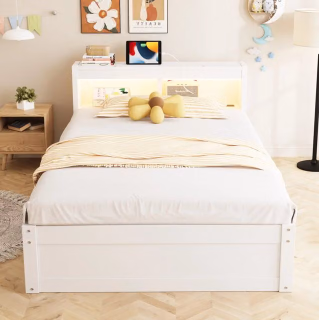 Letto multifunzione 90x200 cm con LED; presa integrata e contenitore; MDF bianco