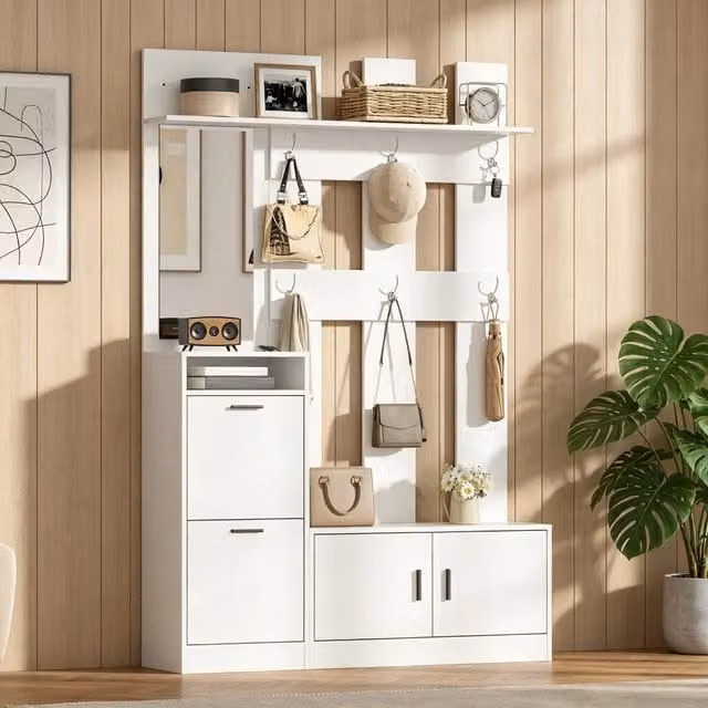 Guardaroba da ingresso Mivray bianco con specchio, scarpiera e ganci, L: 120 cm, P: 30 cm, H: 180 cm
