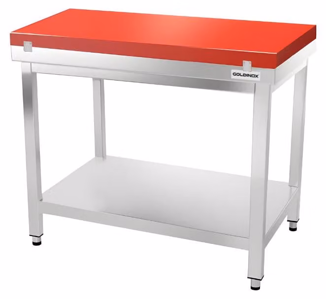 Tavolo da lavoro in acciaio inossidabile, dimensioni 1000x700 mm, con piano di taglio rosso PREMIUM - GOLDINOX