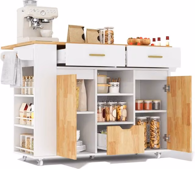 Isola da cucina mobile con piano ribaltabile; 120 x 71 x 90 cm; MDF bianco e legno