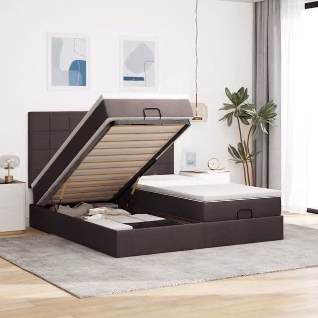 Letto con contenitore a sollevamento vidaXL in tessuto marrone e bianco, L: 200 cm, P: 200 cm, H: 280 cm