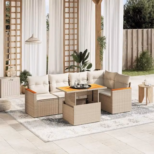 Set Divano da Giardino a L VIDAXL in Polyrattan Beige con 6 Cuscini Moderno – 1