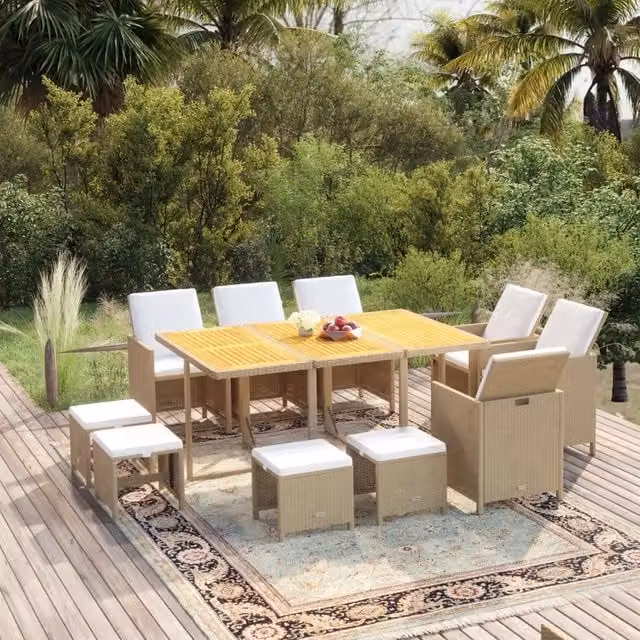 Set da Pranzo da Giardino 11 pz con Cuscini in Polyrattan Beige 3095556