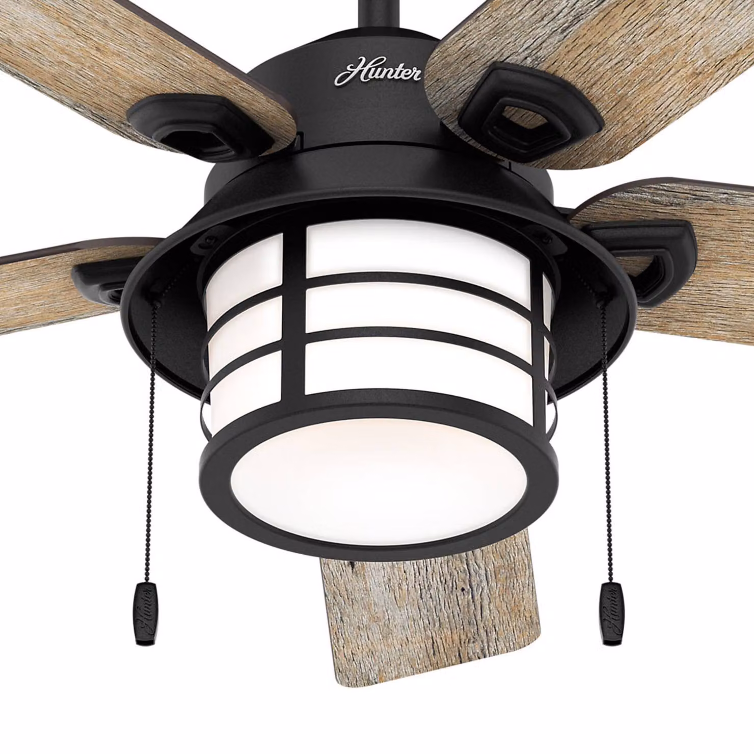 Hunter Santorini -ventilatore con luce, legno/nero, Legno chiaro, Soggiorno / Sala da pranzo, Legno, Industriale