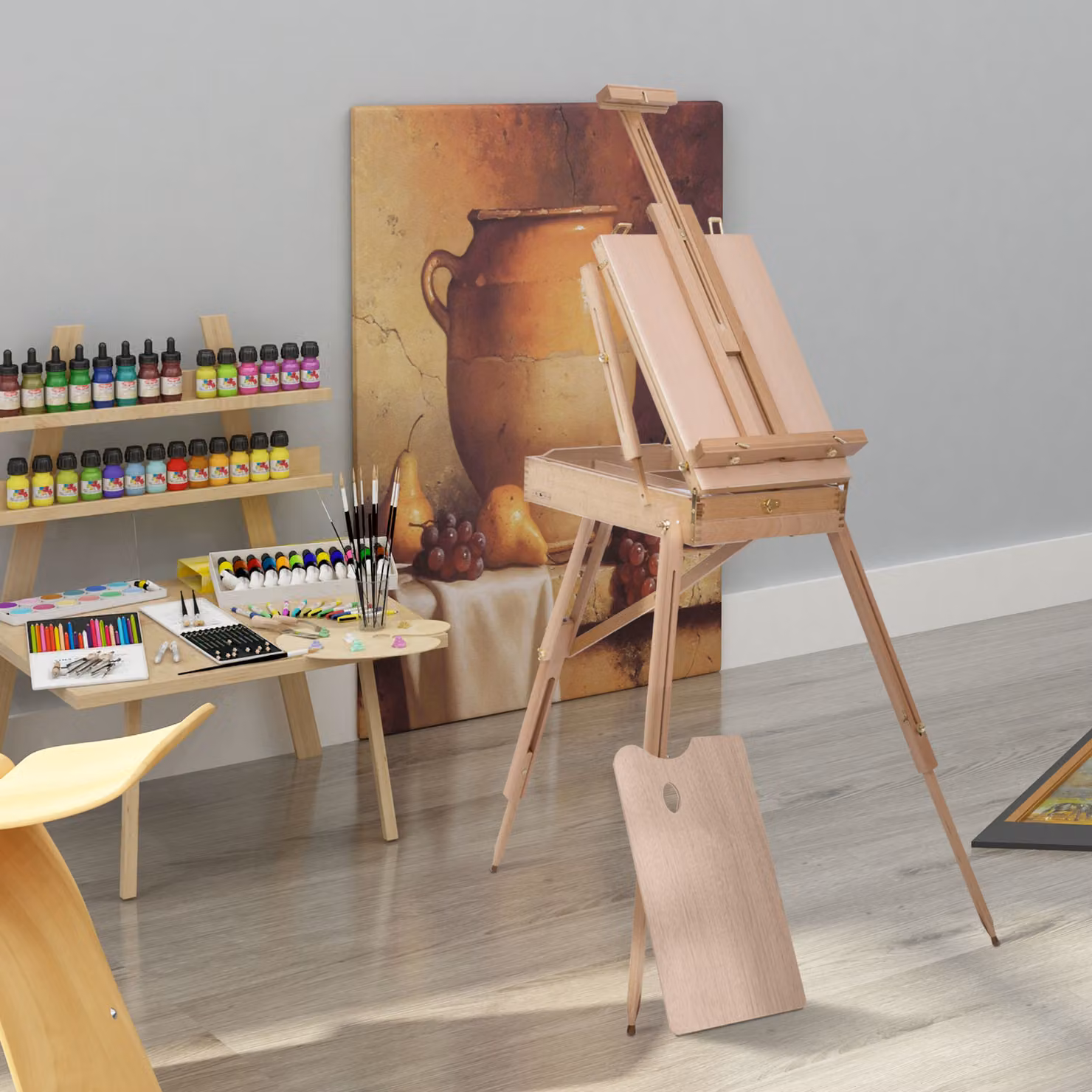 Cavalletto Treppiede HOMCOM in Legno di Faggio con Cassetto, Tavolozza e Tracolla, Colore Legno – 2