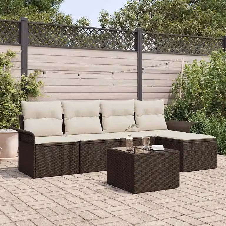 Set da giardino vidaXL composto da 6 pezzi in polyrattan marrone con divano angolare, pouf e cuscini inclusi