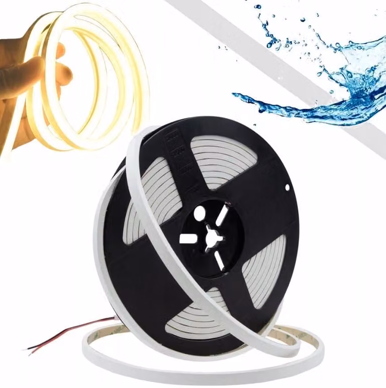 Striscia LED sigillata da 24V, tecnologia COB, 480 LED al metro, luce calda, 7W al metro, 310 lumen al metro, grado di protezione IP67, lunghezza 5 metri