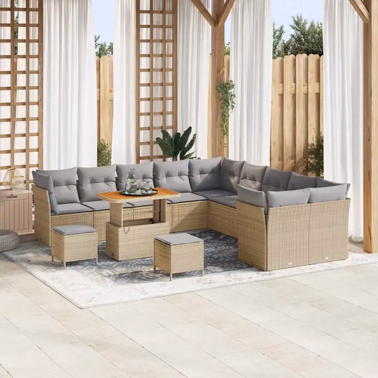 Set Divano da Giardino vidaXL 13 pz Beige a forma di U con Cuscini e Tavolino in Polyrattan e Metallo