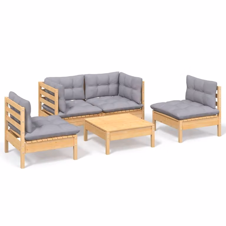 Set Divani da Giardino 5 pz con Cuscini Grigi Massello di Pino