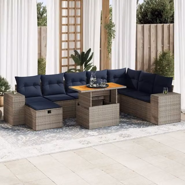 Set Divano da Giardino 9pz con Cuscini Grigio Polyrattan Acacia 3328104