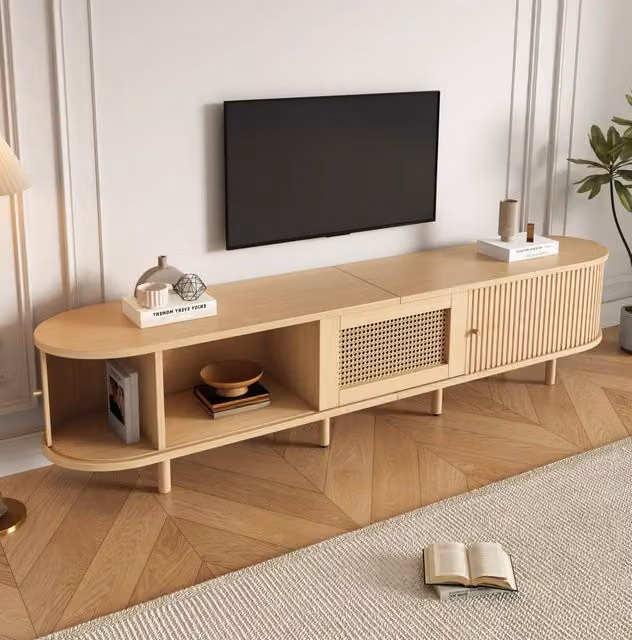 Mobile TV ovale MODFU beige in MDF con ante scorrevoli e cassetto L: 180 cm, P: 40 cm, H: 40 cm