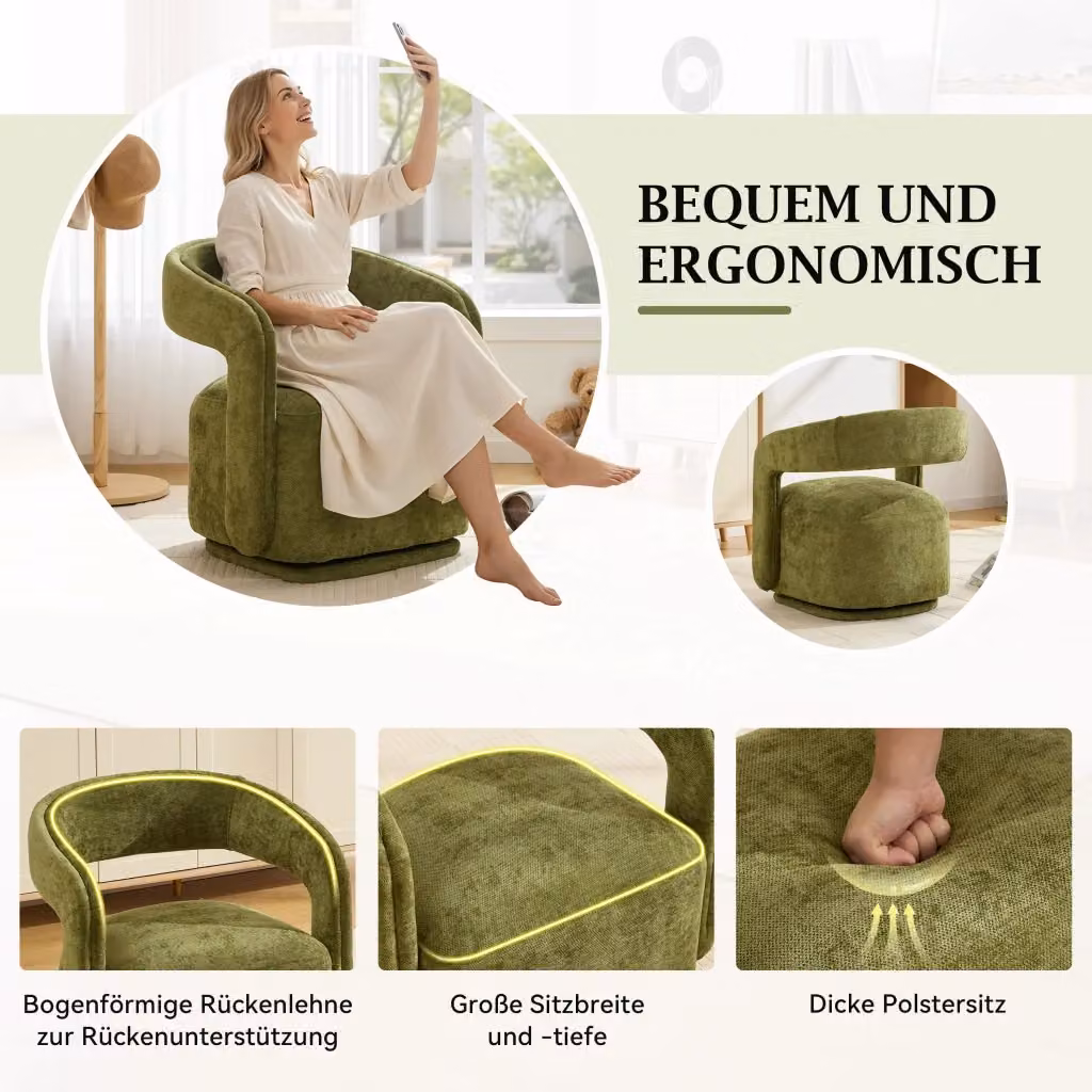 Poltrona girevole 360 REDOM in tessuto chenille verde con struttura in legno massello L/P/H: 70 x 65,5 x 74 cm – 2