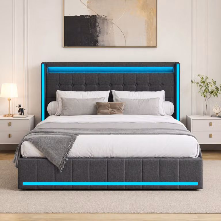 UnboxG Letto imbottito 140x200cm con USB, letto contenitore letto matrimoniale con rete a doghe e 4 cassetti, letto per ragazzi con LED, letto in legno letto funzionale, biancheria, grigio