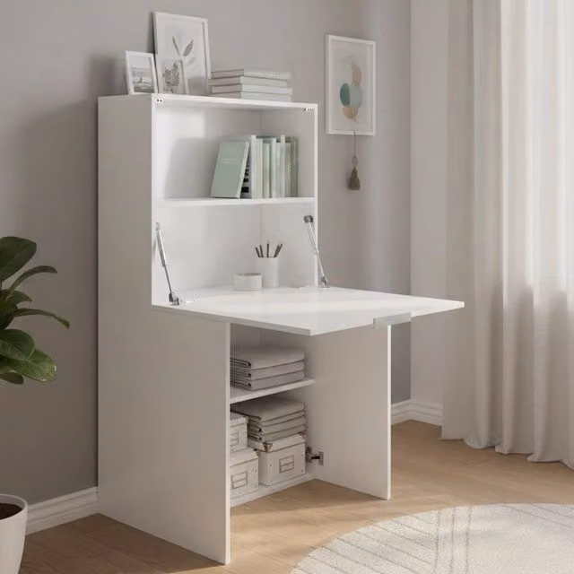 DMORA Scrivania a Segretario Moderna in MDF Laminato Bianco Lucido L/P/H: 70 x 35 x 140 cm