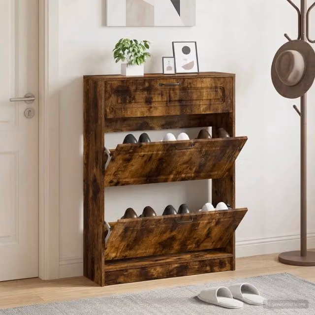 Mobile porta scarpe moderno vidaXL in legno e metallo, marrone e nero, L: 78 cm, P: 24 cm, H: 100 cm – 1