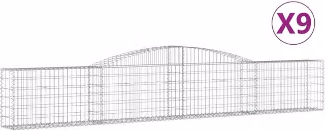 Set di 9 gabbioni ad arco in ferro zincato argento per recinzione o muro di contenimento L: 400 cm, P: 30 cm, H: 60/80 cm