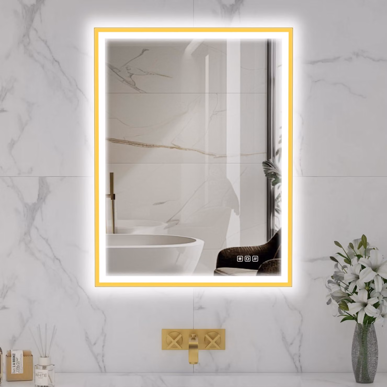 Specchio da bagno a LED, rettangolare, 80x60 cm, cornice in alluminio dorato, con funzione di regolazione dell'intensità luminosa e antigoccia