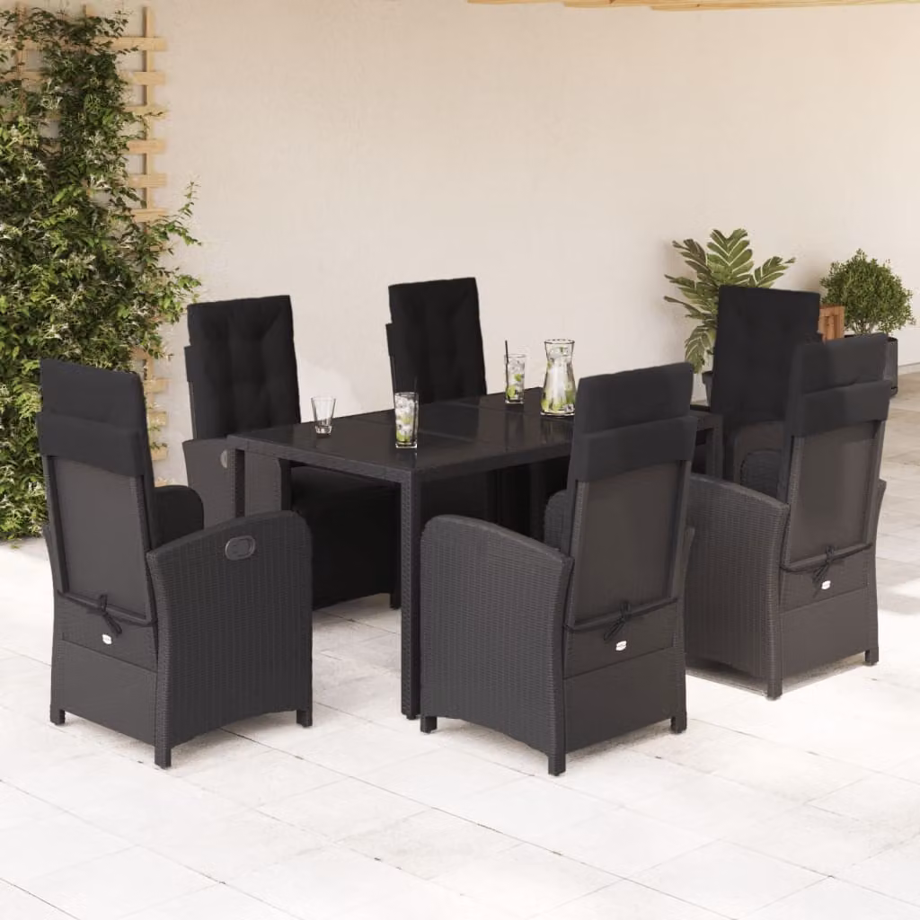 Set da Pranzo da Giardino vidaXL 7 pz in Polyrattan Nero con Piano in Vetro – 1