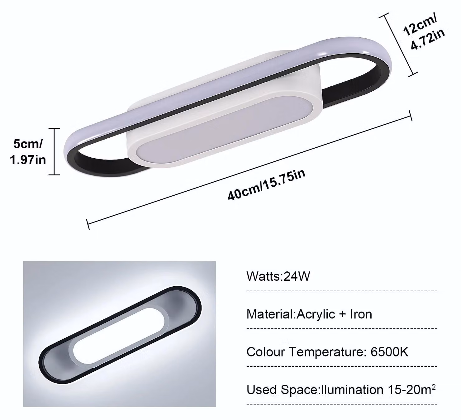 Lampada a soffitto LED ovale - Modello A4703 - Potenza: 30 W - Materiale: Acrilico - Colore: Bianco - Montaggio a soffitto - Non dimmerabile - Adatta per ambienti da 5 a 10 m²