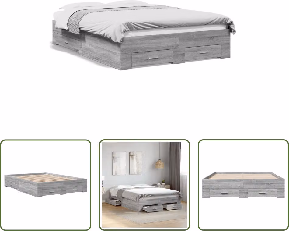 The Living Store Struttura letto con cassetti Grey Sonoma 140x190 cm Materiale a base di legno