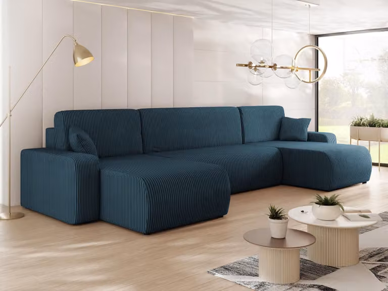 MIRJAN24 Divano componibile modello Piano U, divano angolare per soggiorno con contenitore portaoggetti e funzione letto, gambe nere, imbottitura in molle a onda, forma a "U" (colore: Poso 05)